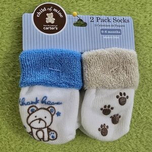 NWT 0-6M WHITE+ BLUE+ TAN TUBE Baby Socks - 2 Pair+ TEDDY BEAR & PAW PRINTS (Q5)